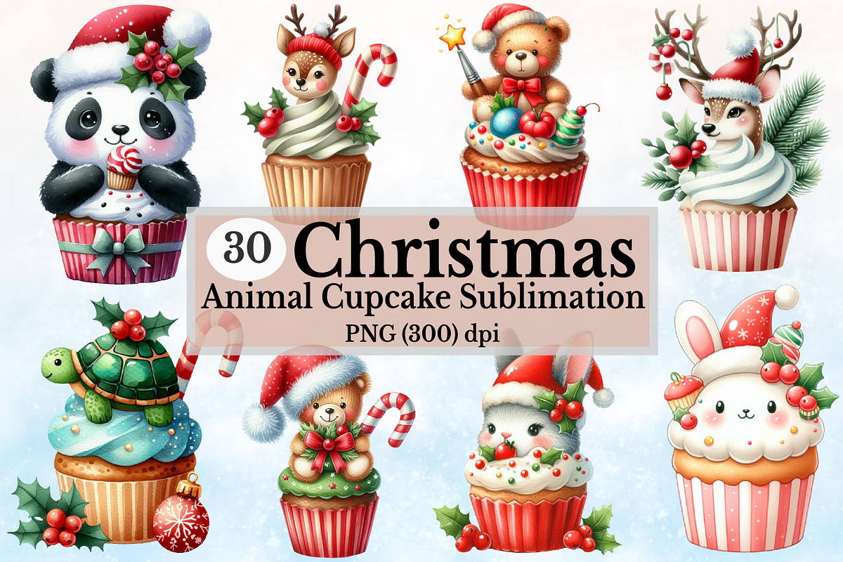 Cute Christmas Animal Cupcake Bundle, a Seasonal Illustration by Rose Art (Photo 1 of 5)