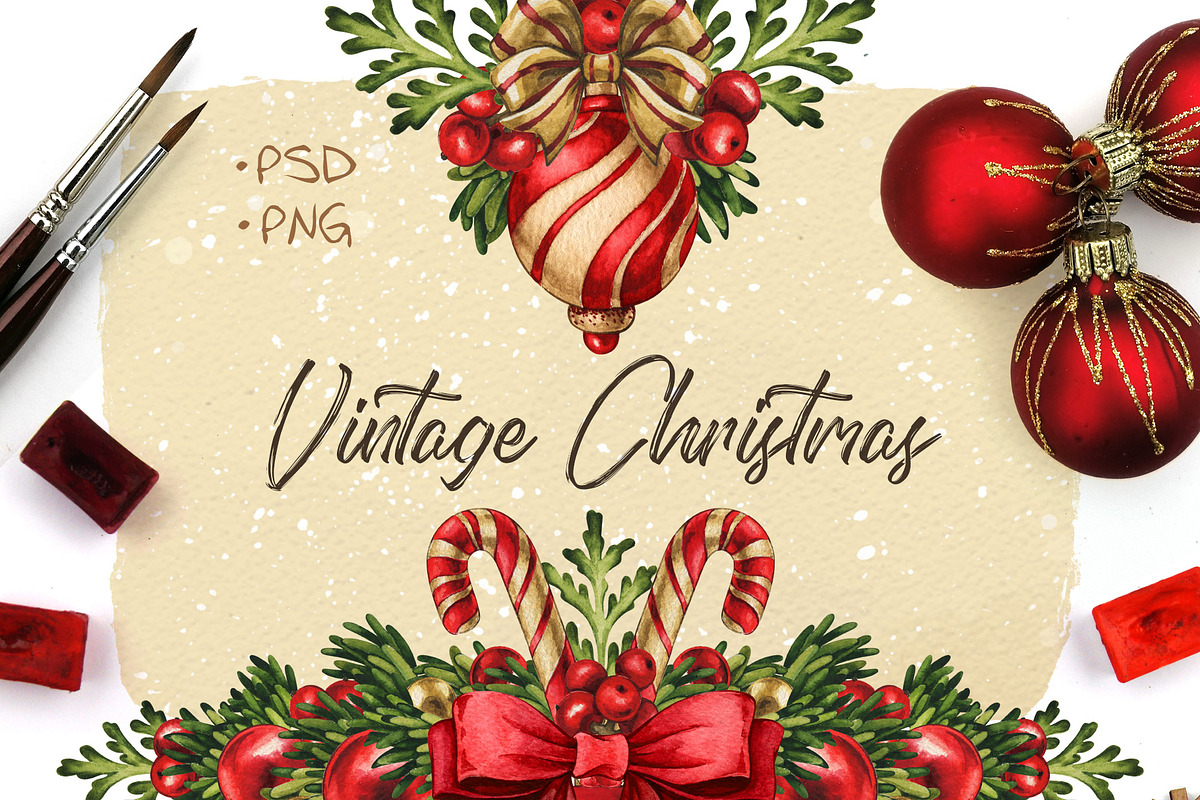 Vintage Christmas watercolor clipart, a Decorative Illustration by Color and Decor (Photo 1 of 7)