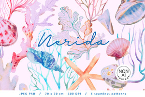 Nerida. Seamless marine pattern, a Pattern Graphic by emeraldthue
