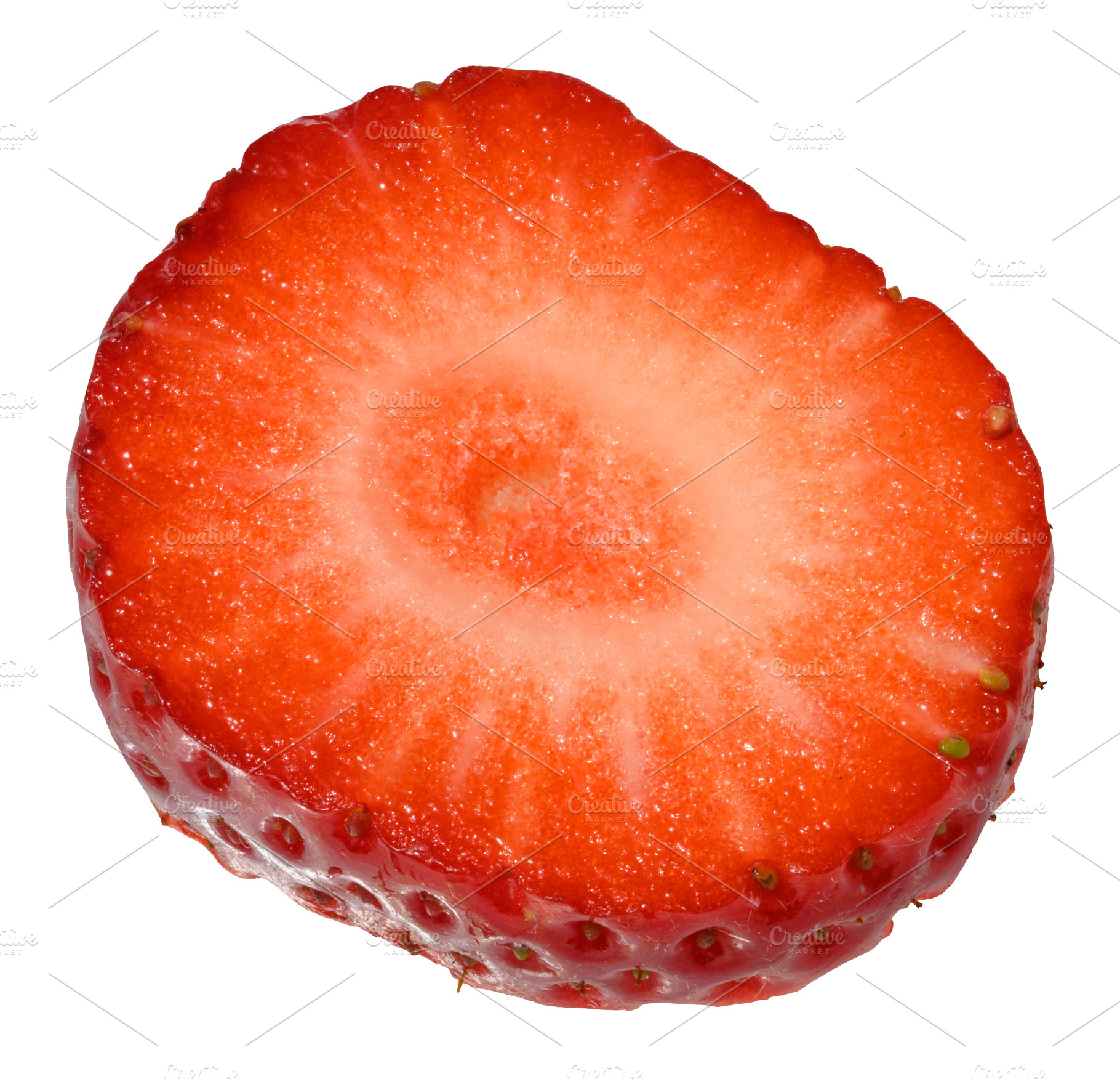 Round piece of ripe red strawberry on isolated background, a Food & Drink Photo by ndanko