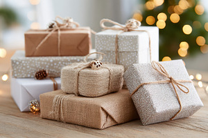 Beautifully wrapped gifts on a wooden surface, a Holiday Photo by AlyaAnd