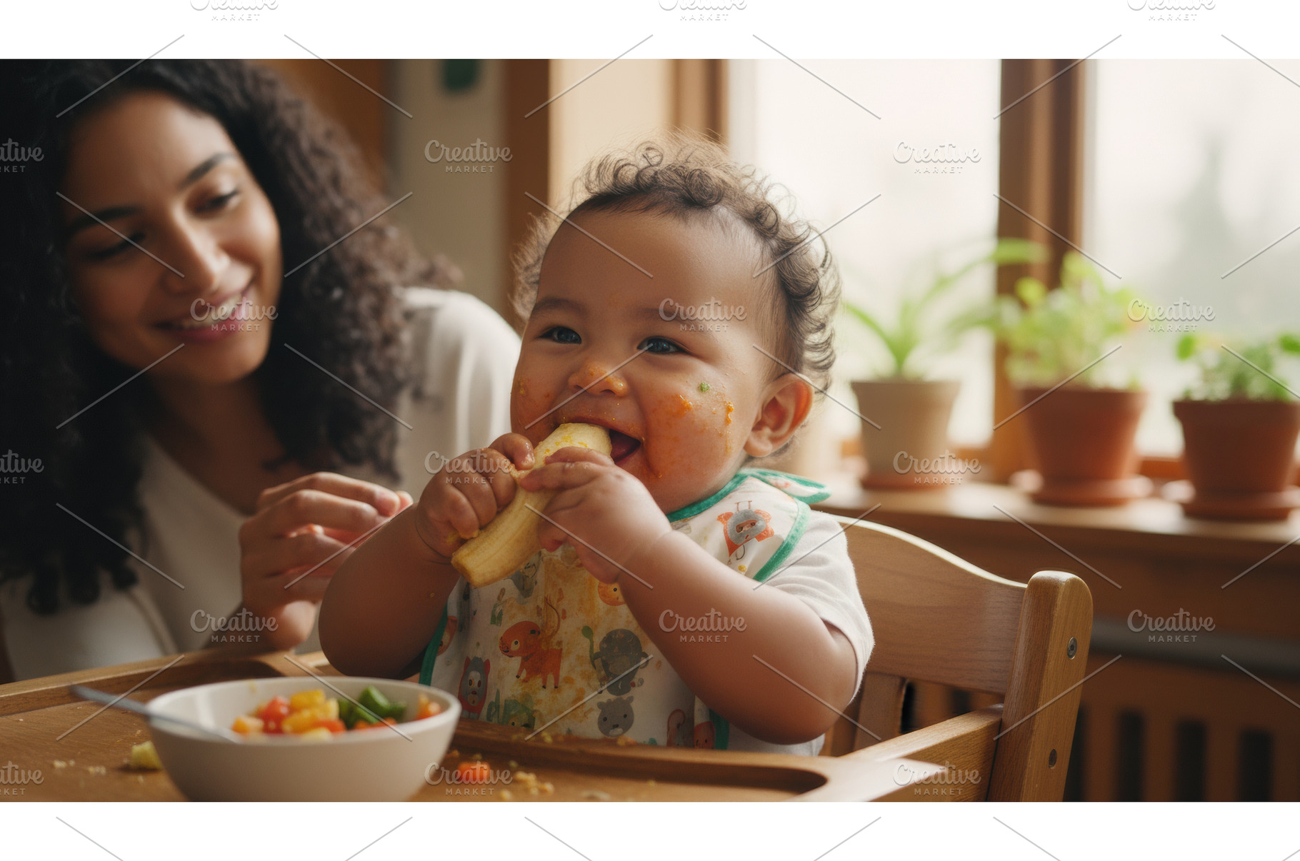 A cheerful baby sitting in a high, a Food & Drink Photo by Igor Tichonow