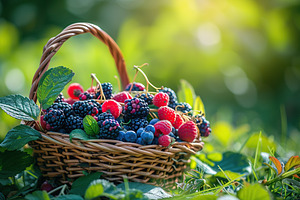 Fresh ripe berries in basket in the garden, a Food & Drink Photo by AlyaAnd