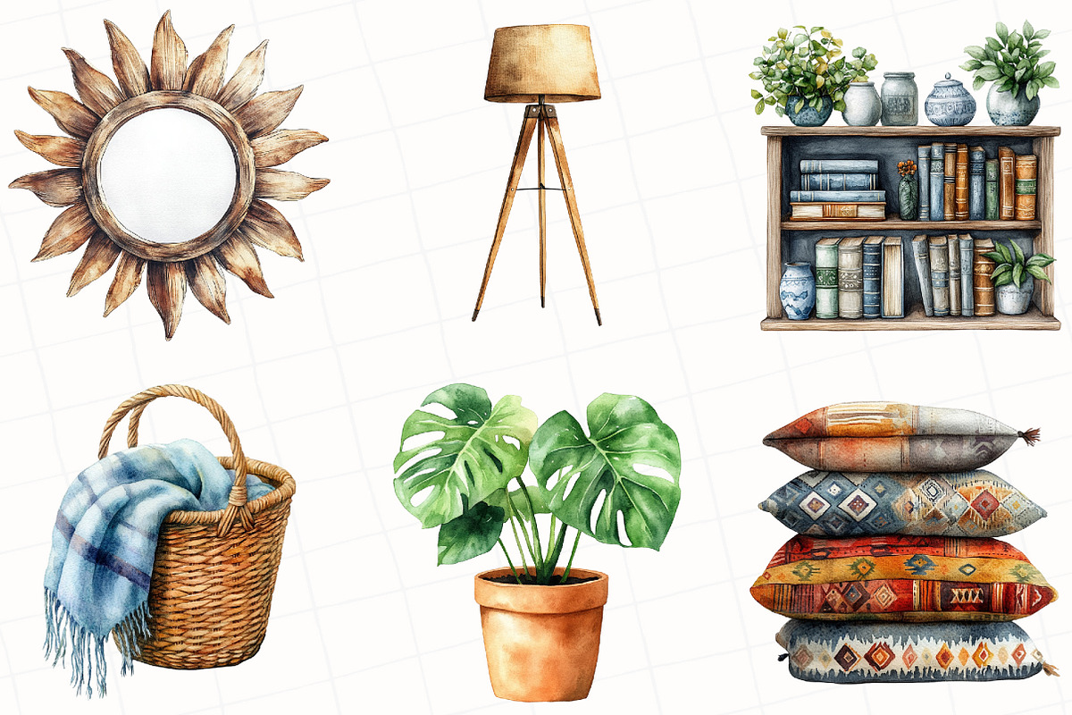 Watercolor Boho Interior Clipart, an Illustration by OK Design (Photo 2 of 5)
