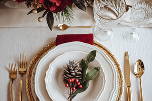Christmas holiday table setting decorating with gold cutlery, pine cone, red na, a Food & Drink Photo by Studio ANNA