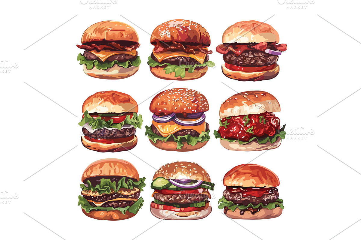 Hamburgers cartoon vector set, a Food Illustration by Stock-Smart-Start