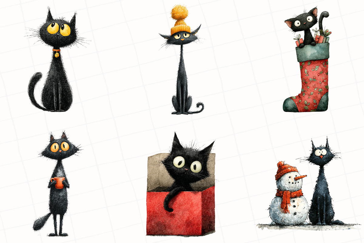 Quirky Christmas Black Cat Clipart, an Illustration by OK Design (Photo 2 of 5)