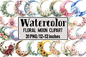 Floral Moon Clipart, an Illustration by Design Market