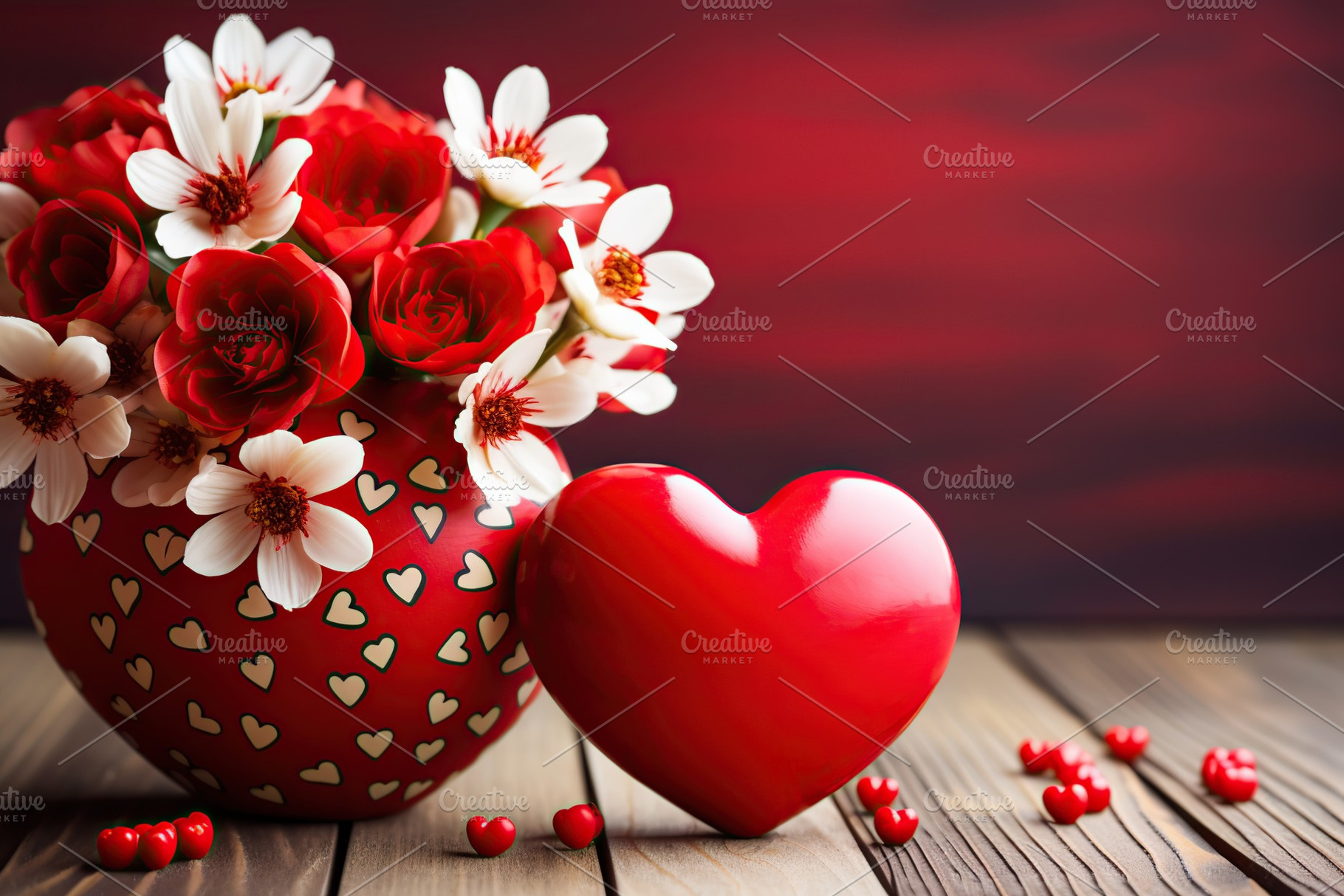 Red ceramic hearts and vase with flowers. Valentines day, a Holiday Photo by AlyaAnd