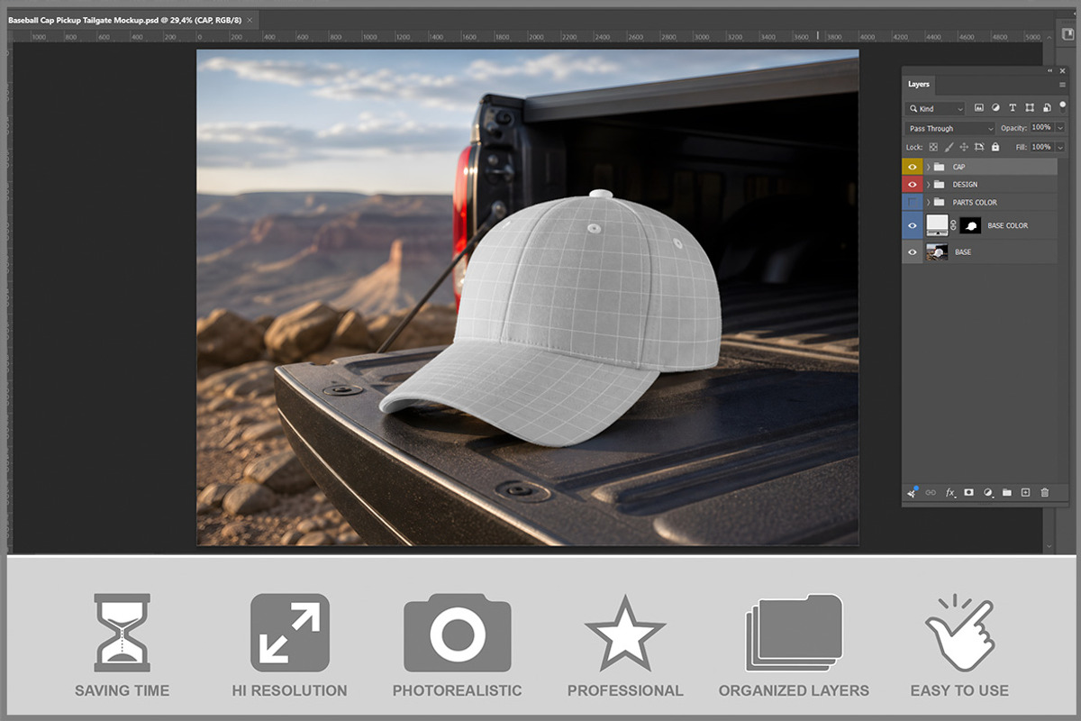 Baseball Cap Pickup Tailgate Moc PSD, a Hat Mockup by Bruno's Shop (Photo 2 of 3)