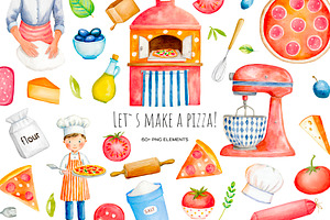 Watercolor Let`s make a pizza set