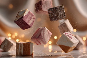 Colorful marshmallows falling into w, a Photo by Pixeness Studio