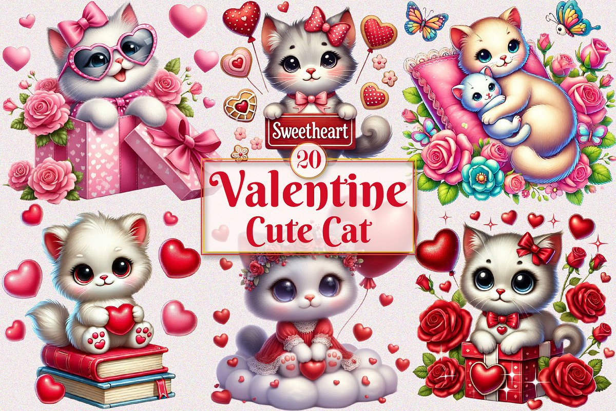 Valentine Cute Cat Clipart Bundle, a Seasonal Illustration by Craft Nest (Photo 1 of 5)