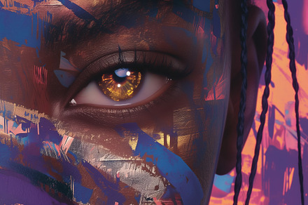 A close-up of a human eye with a vibrant, artistic background featuring bold co, a Wallpaper Graphic by Textures & Backgrounds