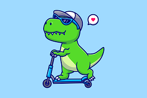 Cute Dino Riding Scooter Cartoon, an Animal Illustration by Catalyst Labs