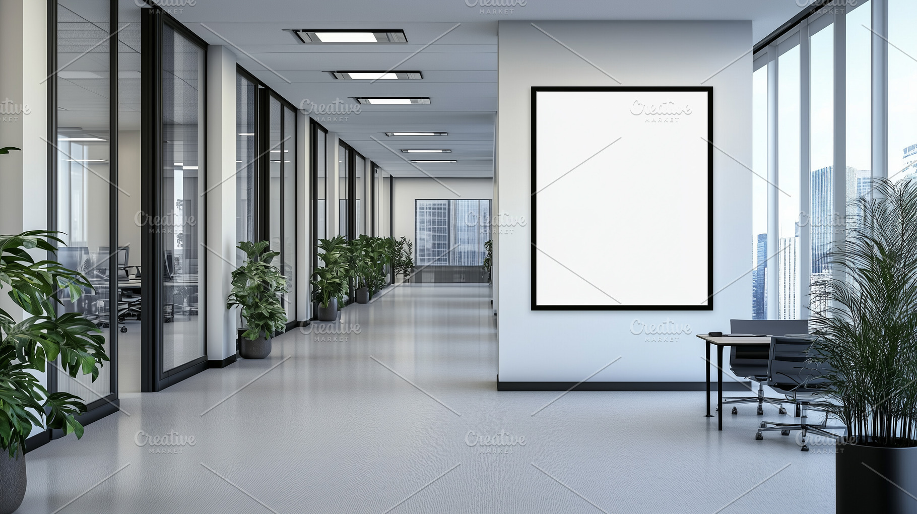Blank poster on modern office hall, a Business Photo by MistyDay