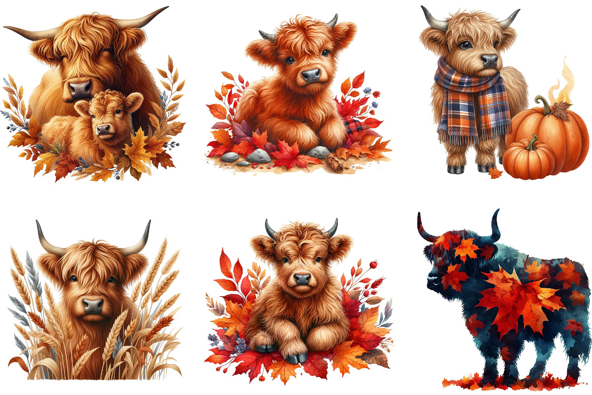 Watercolor Autumn Highland Cows, a Seasonal Illustration by DreamArtGraphic (Photo 2 of 4)