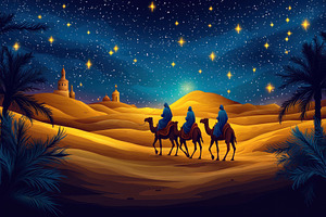 Three Wise Men riding camels under a starry night sky through go, a Holiday Photo by José Manuel Gelpi