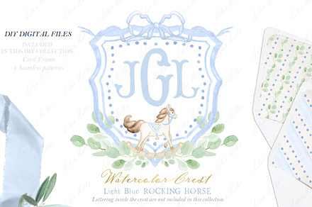 Blue Rocking Horse Watercolor Crest, an Illustration by LABFcreations