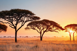 Acacia trees at sunset in a serene landscape, a Nature Photo by AlyaAnd