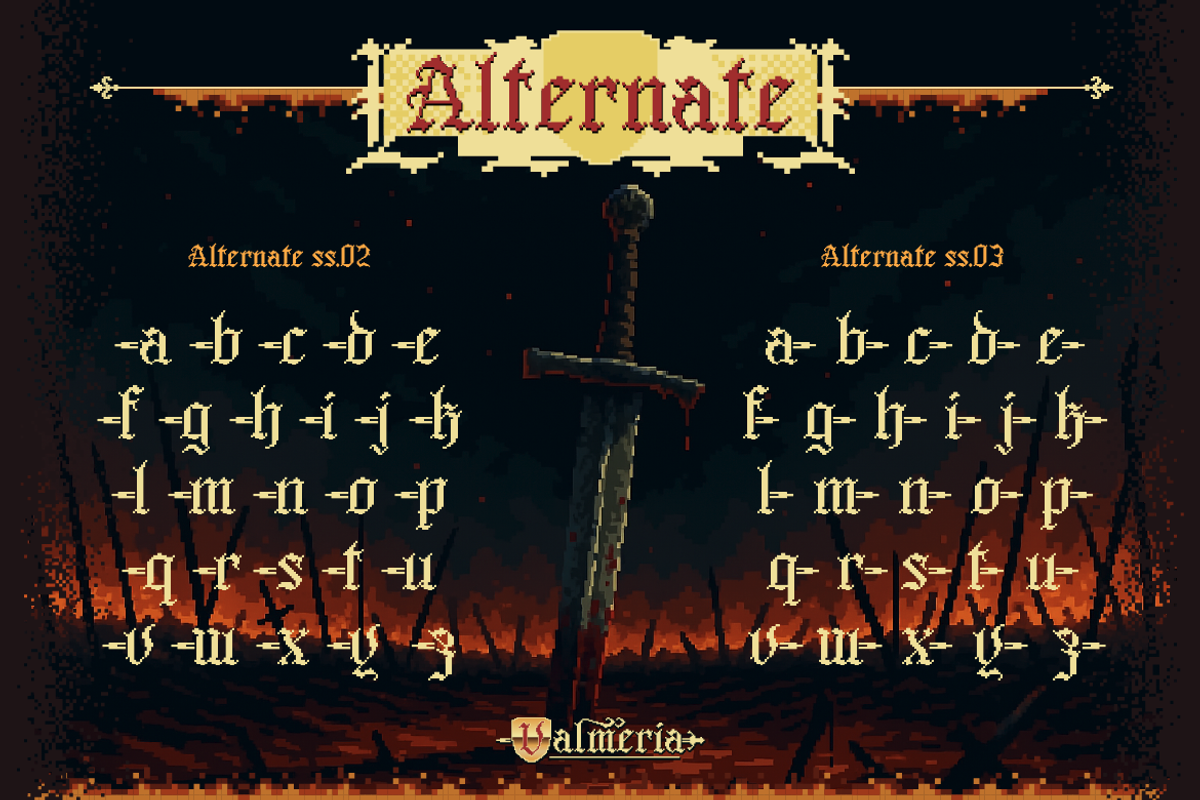 Valmeria - Medival Pixel, a Serif Font by Burntilldead (Photo 6 of 12)