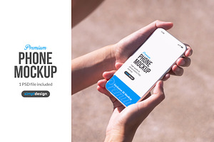 Woman in Park Holding Phone Mockup, an iPhone Mockup by SimplDesign
