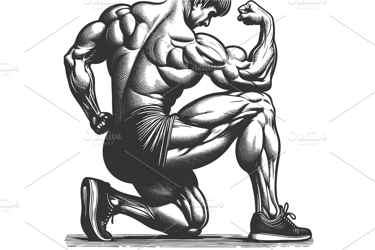 Classic Bodybuilder Flexing Muscles, a Sport Illustration by AlexArt