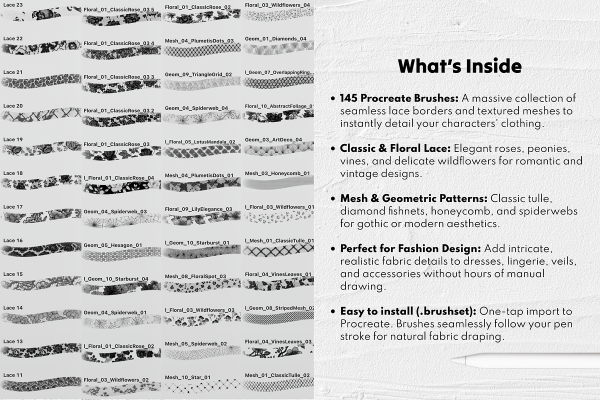 145 Lace & Mesh Procreate Brushes, a Brush Add-On by Selentaori Studio (Photo 3 of 10)