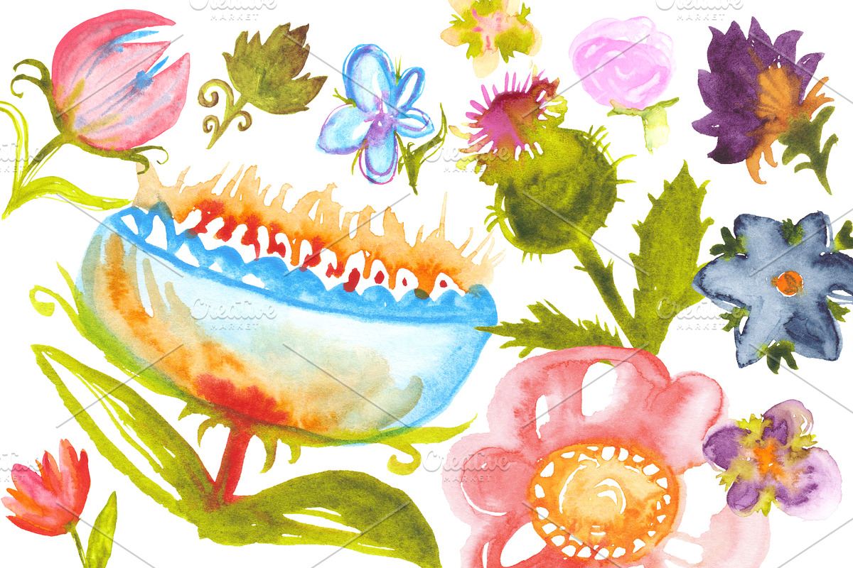 Quirky watercolor flowers, an Object Graphic by SweetRenieDesigns (Photo 1 of 4)