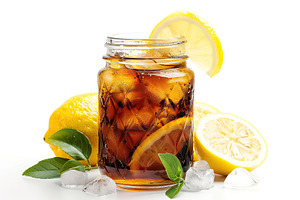 Glass jar with iced tea and lemon on white background, a Food & Drink Photo by AlyaAnd