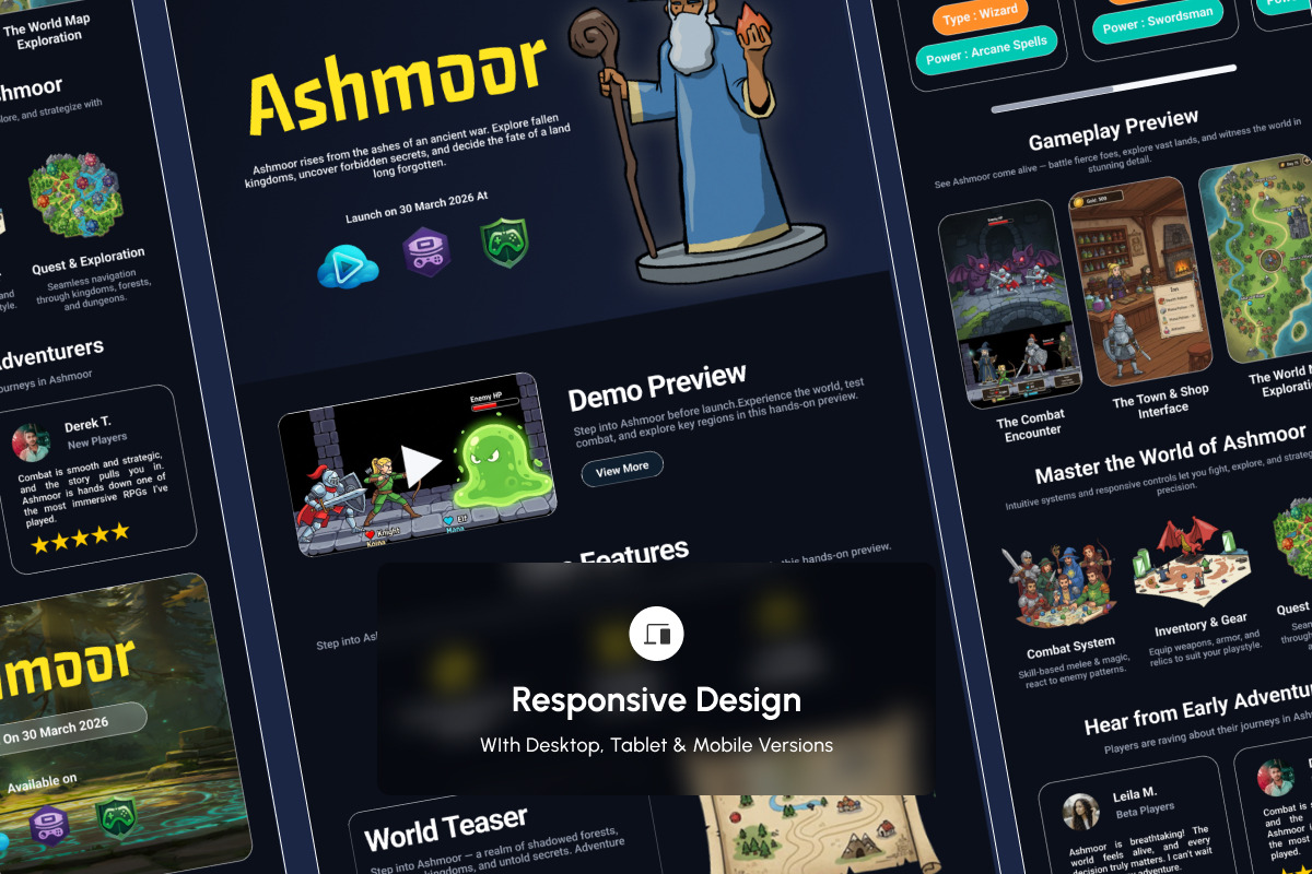 Ashmoor Indie Game PreLaunch Landing, a Landing Page Template by productype1 (Photo 3 of 5)