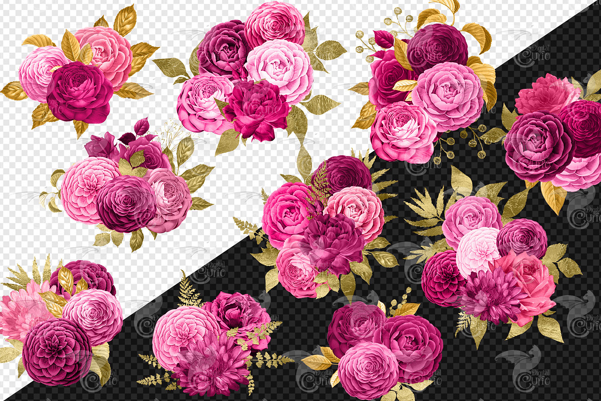 Hot Pink and Gold Bouquets Clipart, an Illustration by Digital Curio
