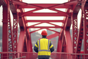 Construction worker wearing in uniform and building modern bridge, an Industrial Photo by AlyaAnd