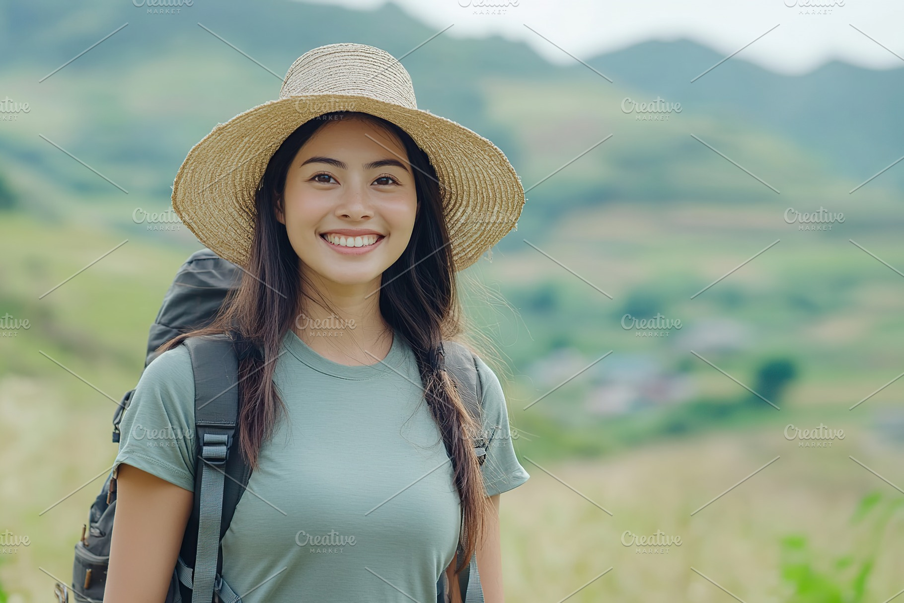 Smiling woman in a hat enjoys sunny day outdoors with a backpack in nature, a Person Photo by AlyaAnd