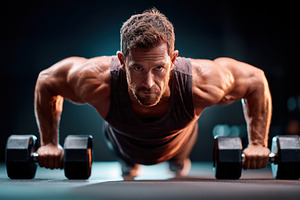 Muscular man doing push-ups with dumbbells in gym, a Sports & Recreation Photo by AlyaAnd