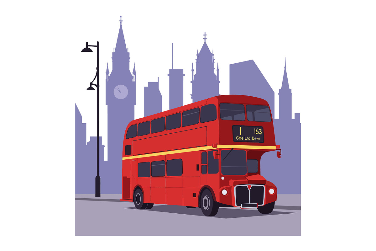 Iconic red double-decker bus in flat, an Illustration by designvectx