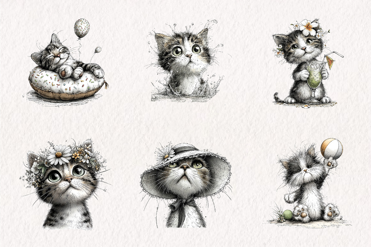 Whimsical Summer Cats Clipart, an Illustration by CreationArt (Photo 4 of 7)