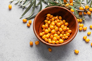 Sea buckthorn berries in wooden bowl on grey background, a Food & Drink Photo by Olena Rudo