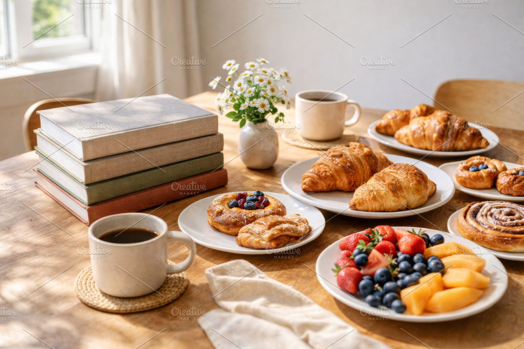 Breakfast table with pastries, fruit, coffee, and books, perfect, a Photo by Dvoevnore photos