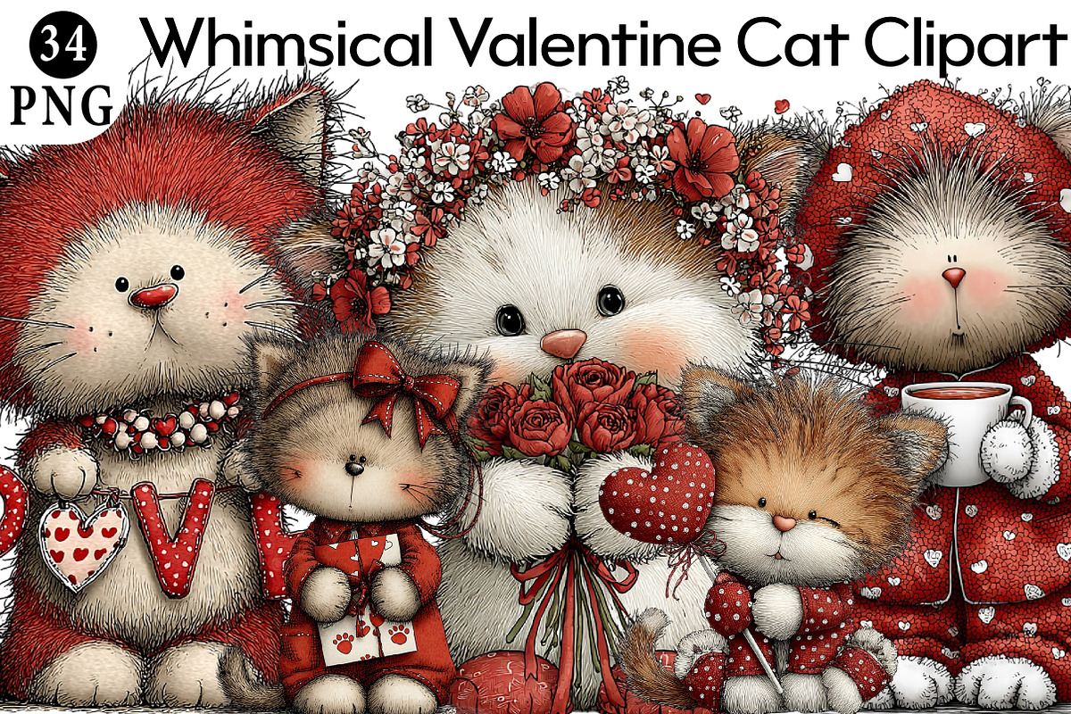 Whimsical Valentine Cat Clipart, an Illustration by Daily.Designs (Photo 1 of 8)