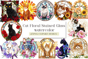 Cat Floral Stained Glass Clipart, an Illustration by DreamArtGraphic