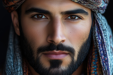 A close-up portrait of a arabic man wearing a colorful, intricately patterned t, a Person Photo by Textures & Backgrounds