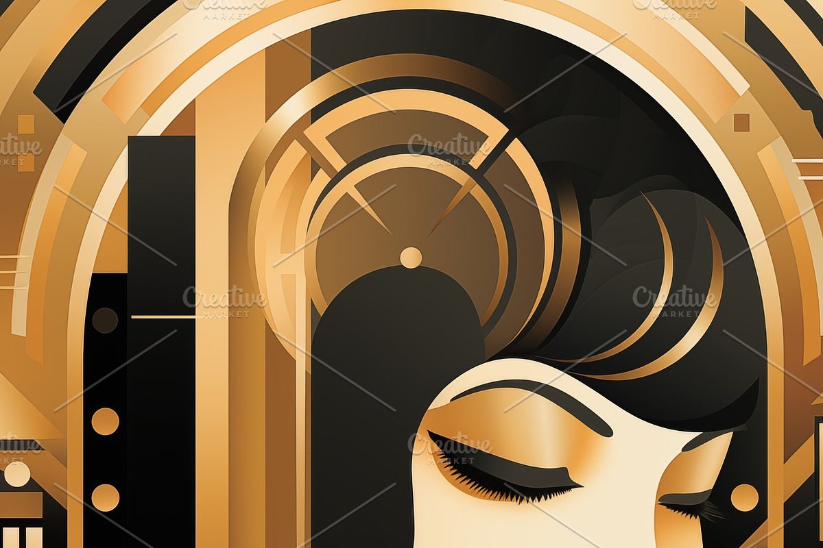 A stylized art deco portrait of a woman with a vintage hairstyle, featuring geo, a Background Graphic by Textures & Backgrounds