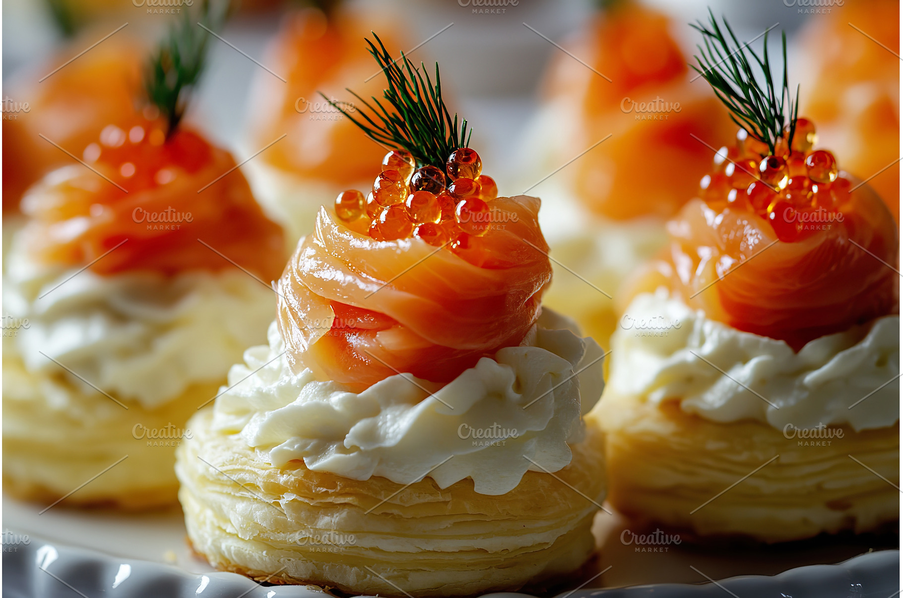 Elegant canapes with salmon, cream, a Food & Drink Photo by Lermont51