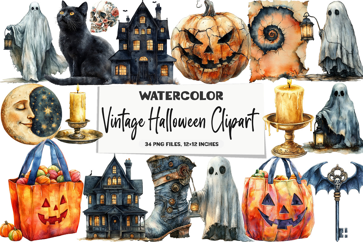 Vintage Halloween Clipart, a Seasonal Illustration by DreamArtGraphic (Photo 1 of 5)