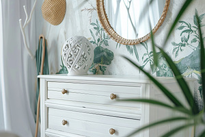 Fresh cut spring flowers in vase on chest of drawers in bedroom, a Beauty & Fashion Photo by AlyaAnd