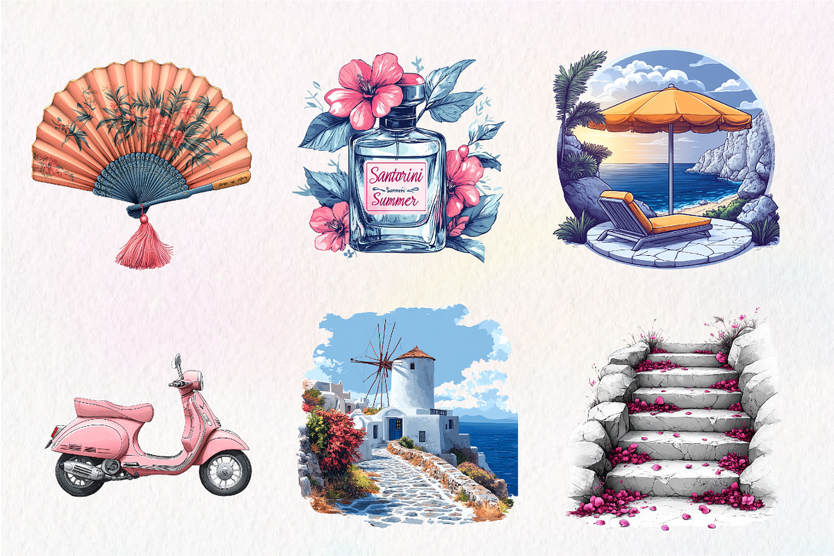 Pink Summer Santorini Travel Clipart, an Illustration by CreationArt (Photo 4 of 9)