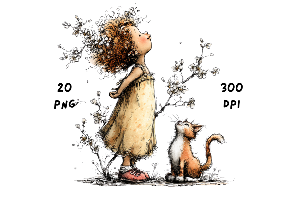 Whimsical Floral Girl & Kitten, an Animal Illustration by GiraffeCreative (Photo 17 of 20)
