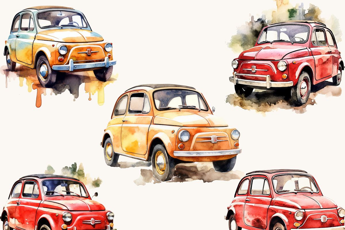 Watercolor Retro Fiat 500 Clipart, an Object Illustration by BusyDaydesign (Photo 4 of 7)
