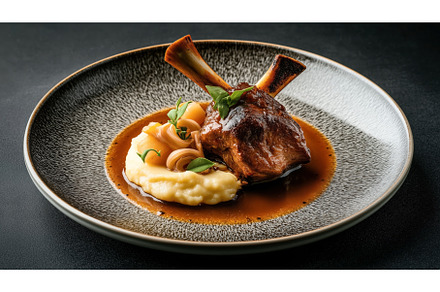 Gourmet lamb shank with mashed, a Food & Drink Photo by Sergey Kotenev